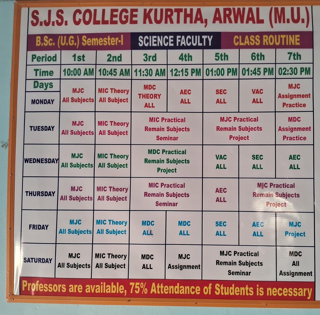 SEMESTER 1 CLASS ROUTINE SCIENCE